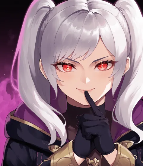 nyantcha, score_9, score_8_up, score_7_up, source_anime BREAK robin (fire emblem), 1girl, solo, long hair, looking at viewer, smile, simple background, red eyes, gloves, long sleeves, twintails, closed mouth, upper body, white hair, grey hair, black gloves...