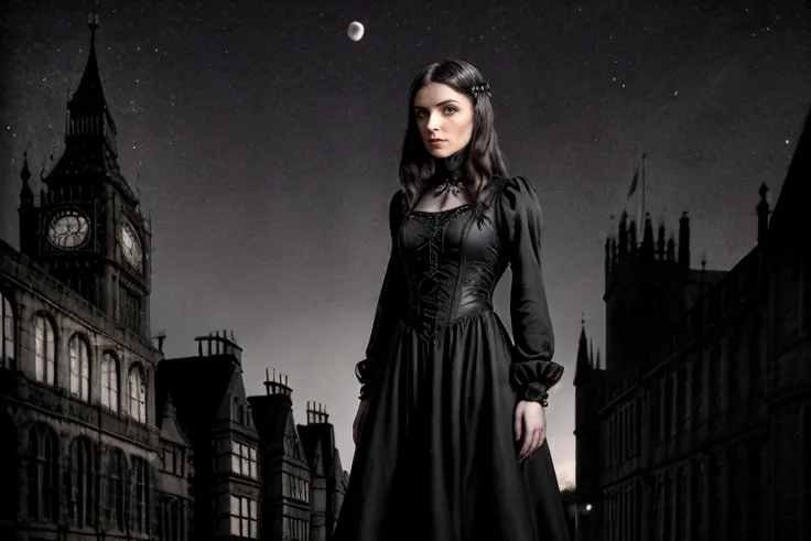 4nn4k, 1girl wearing a black gothic dress standing in a old london, night sky with a large moon, standing close to the camera