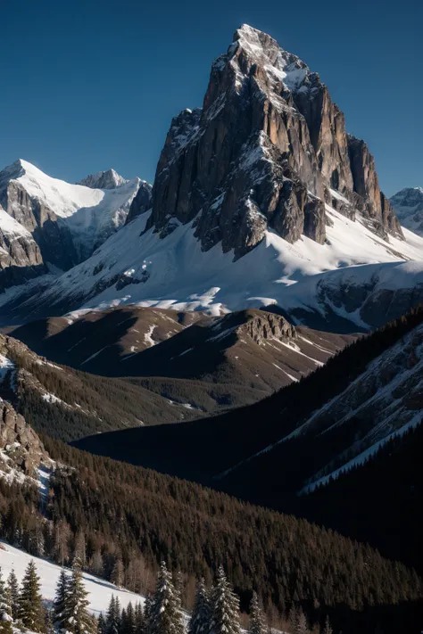 realistic, very beautiful landscape in the mountains, snow-capped peak