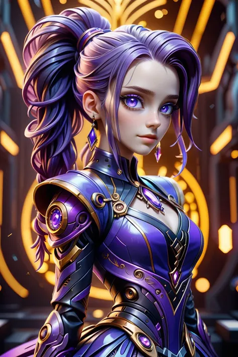 score_10,score_9, score_8_up, score_7_up, score_6_up, score_5_up, portrait, beautiful Violet eyes, (dreadlocks:0.5) in a ponytail, (Violet head:1), vibrant colors, highly detailed, Violet dress, BREAK gold background, (masterpiece), (realistic), 8k, RAW ph...