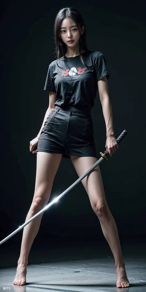 a woman in black shirt holding a sword and standing on a floor