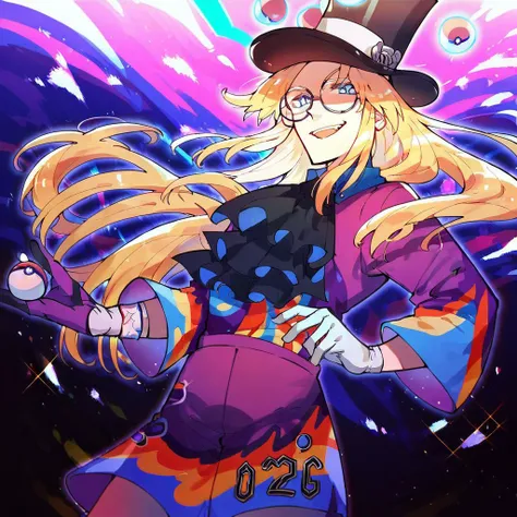 score_9,score_8_up,score_7_up,score_6_up,score_5_up,score_4_up, 1boy, male focus, blonde hair, long hair, blue eyes, top hat, glasses, black headwear, black ascot, purple shirt, gloves, shorts, pokeball, pokeball (basic), floating object, smile, open mouth