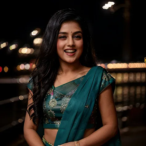 professional potrait photo of a 30-year-old woman, mshti, conservatively dressed in intricate Emerald clothing, laughing, solo, night time, city lights bokeh   <lora:mshti_Mishti_Chakraborty_SD15_LoRA_prodigy_local_regs:1>