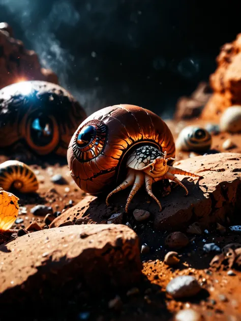 realistic  cinematic photo, source_science. still life, mars pod landed, cracked rocky stone, focus-on huge mars alien snail with protruding long-tentacle-eye, spill, stone shards, red dust smoke
 fixl-art