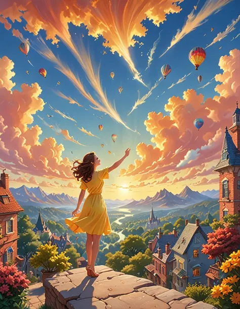 A beautiful ultra detailed matte painting a sky in the wind vivid colors, by rob Gonsalves, trending on artstation, Posing as if about to hug someone <lora:happy_dora_notrigger_v42:1>