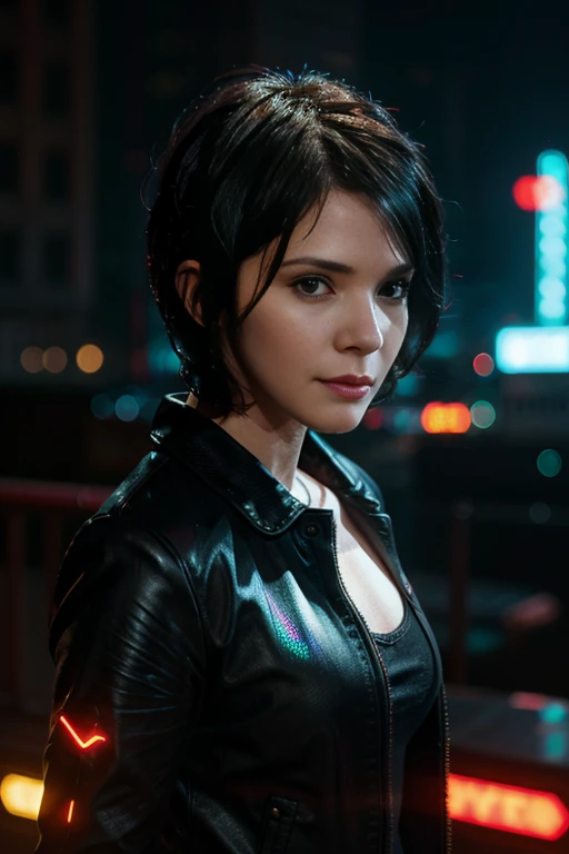 54brin4110yd, (super short pixie haircut:1.3), wearing holographic cyberpunk clothing, surrounded by neon-lit cityscape reflections, vray render, ray tracing, subsurface scattering, by Josan Gonzalez and Liang Mark (upper body shot), (looking at viewer:1.3...