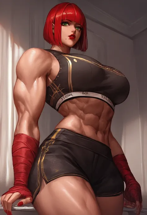 1girl, solo, female, tall woman, muscular, big breasts, wide hips, red bob cut hair, green eyes, beauty mark under left eye, Black sports bra with gold trim, shorts styled like a cingulum militare, red wraps on wrists, red lipstick, red nail polish BREAK s...