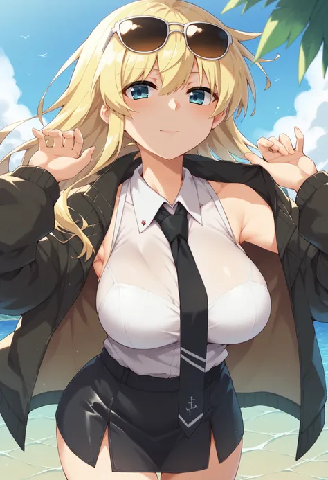 score_9, score_8_up, score_7_up, 1girl, solo, hornet, kantai collection, blonde hair, long hair,  blue eyes, bangs, sleeveless shirt, black tie, black skirt, black bomber jacket, sunglasses, large breasts  <lora:mizunashi-Style-PonyXL:1>