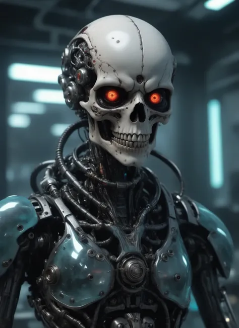 realistic 8K raw photography, Cyberpunk, sci-fi, (Reflective surfaces:1.2), volumetric lighting, britt marling style 3/4, portrait of a war cyborg in a chemical laboratory, skullbone with cyber eyes, intricate, elegant and terrifying at the same time, hdsr...