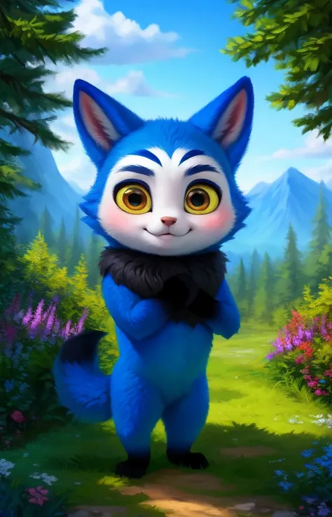 EerieTeleMonster <lora:EerieTeleMonster:0.8> [Forest, path, trees, sky clouds, mountains,]  furry, fluffy collar, yellow eyes, black hands,  yellow sclera, tail,
blue textured fur, solo,  looking at viewer, to his full height,  (beautiful, aesthetic, perfe...