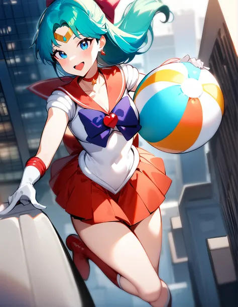 masterpiece, best quality, very aesthetic, absurdres,1girl, solo, recon hair, aqua hair,<lora:sdxl-sailor_senshi_uniform-v1:1>, sailor_senshi_uniform,circlet,choker, red sailor collar, red skirt,boots, smile, open mouth,, Posing as if holding a beach ball,...