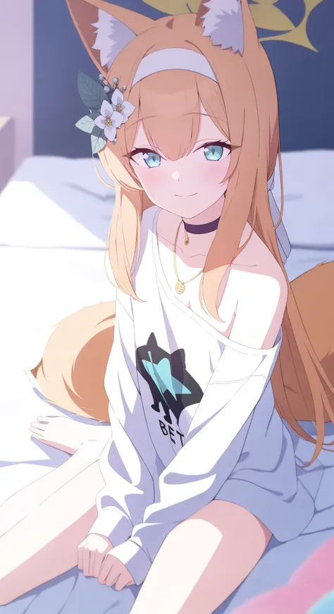 1girl
mari (blue archive)
bare legs, blue eyes, blush, fox ears, fox girl, from above, hair between eyes, halo, hand between legs, heart print, indoors, long hair, looking at viewer, looking up, necklace, off shoulder, on bed
newest, pillow, shirt, bare sh...