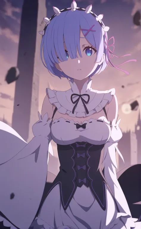 1girl solo 1girl, rem (re:zero), re:zero kara hajimeru isekai seikatsu corset ivory tower blue moon wasteland-highres absurdres best-quality safe masterpiece