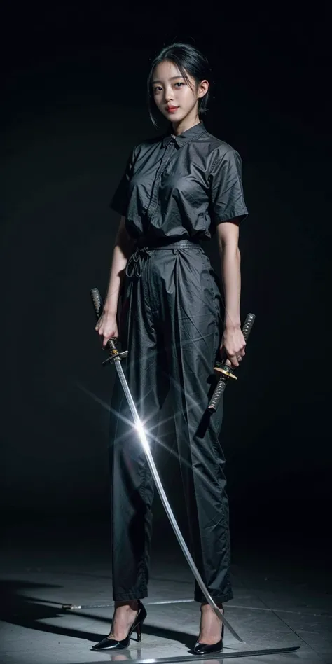 arafed woman in black outfit holding two swords in dark room