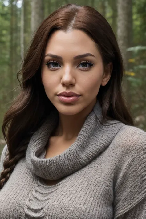 headshot of S372_PaigeWoolen,a gorgeous woman,in a (forest:1.1),wearing a (knitted-cowlneck:1.1),(braid),(4k, RAW photo, best quality, 35mm, depth of field, ultra high res:1.1),(intricate, photorealistic, cinematic-shot, masterpiece, ultra-detailed:1.1),