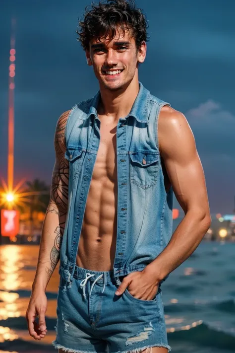 (masterpiece, best quality:1.2), man, shirtless,denim shorts, (((medium shot))) ,stadium,smiling, night, at the beach, wet skin, masterpiece, highness, perfect face, perfect picture, detailed eyes, sharp focus, muscular,High detailed view,Fantasy<lora:EMS-...