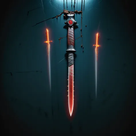 photo focus on 1 military sword, view, boxy design, from above, science fiction, glowing cyberpunk, translucent, IteMaker, black background, red theme , film, professional, 4k, highly detailed, grit, (rust:0.65), cracks, cracked surface, subtle messy, dust...