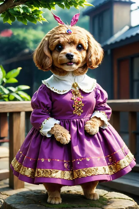 <lora:AgainAnimal_v1:1>,Poodle,dress,outdoors,