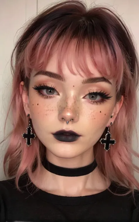 alt girl, (best quality, masterpiece, aesthetic, colorful, dynamic angle, detailed), (shiny skin, detailed face, freckles), portrait selfie photo of woman with dyed hair wearing black cross earrings, makeup, eyeliner, black t-shirt, best aesthetic, soft li...