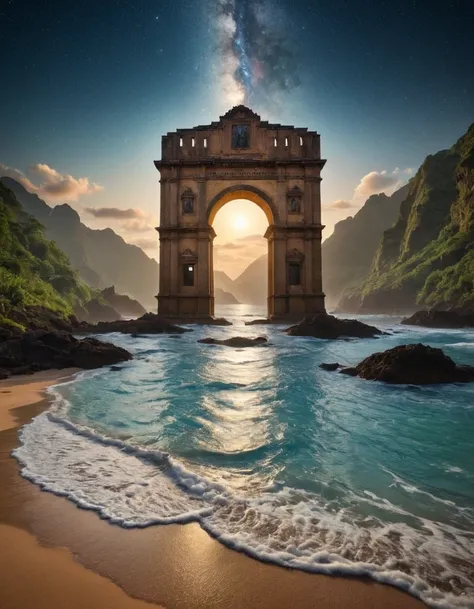 Imagine a breathtaking scene where a cascade of water bursts forth from the iconic San Juan Triumphal Arch, cascading down into a pool below. In this cyberpunk cityscape, the arch serves not only as a symbol of history but also as a marvel of technological...