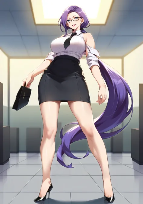 score_9, score_8_up, source_anime, 1girl, purple hair, large breasts, blue eyes, ribbed shirt, sleeveless shirt, bare shoulders, black necktie, white blouse, office lady, smile, lipgloss, glasses,  very long hair, low ponytail, stiletto heels, standing ful...