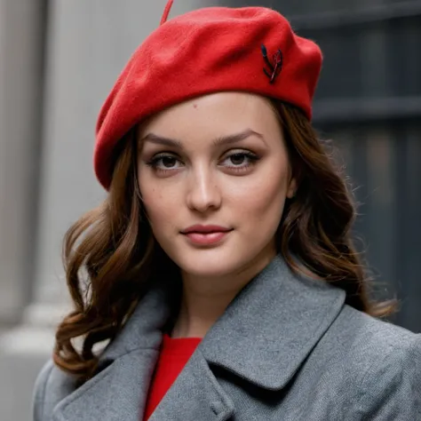 Skin texture, no makeup, Super high res closeup portrait photo of a stunning young woman dressed in a long grey coat and a small stylish red beret hat in New York, preppy feminine outfit, wealthy,f /2.8, Canon, 85mm,cinematic, high quality,looking at the v...