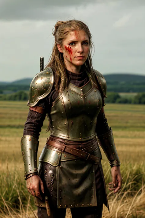 4nn4k, 1 female viking warrior wearing leather armor and holding a wooden shield standing in an open field, dirt grime and blood all over her