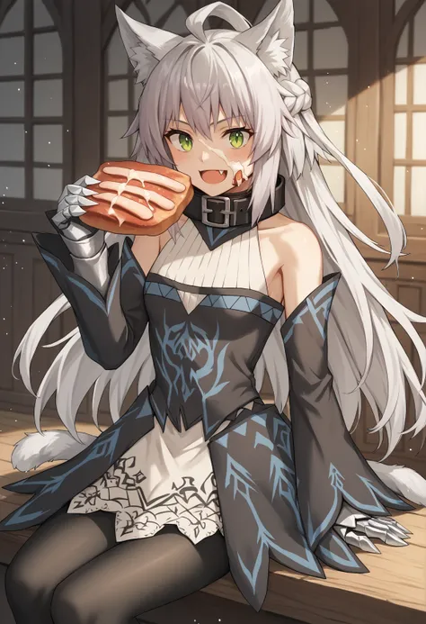 1girl, very long hair, multicolored hair, grey hair, green eyes, animal ears, braid, french braid, ahoge, cat tail, belt collar, dress, skirt, bare shoulders, skirt, long sleeves, detached sleeves, gauntlets, black pantyhose, indoors, sitting, holding meat...