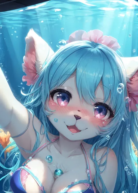 (furry:1.2), focus on face, underwater, bubble, bikini, blush, beautiful lights and shadows