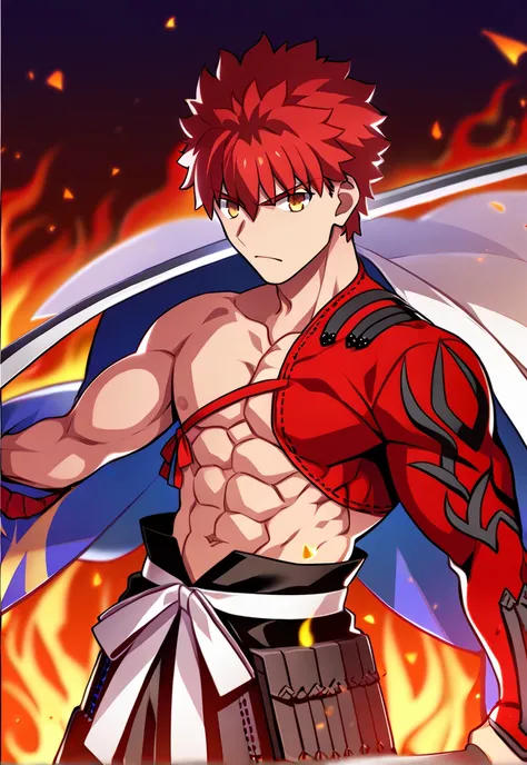 2boys, male focus, muscular male, best quality, amazing quality, best aesthetic, absurdres, official style, year 2023, game cg,  <lora:SenjiMuramasaFATEPONY:1> senji_muramasa_(fate), red hair, yellow eyes, igote, holding sword, katana, abs, nipples, navel,...