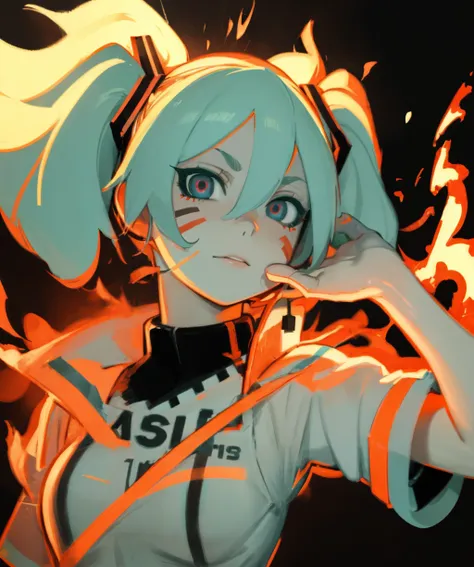 (ultra-detailed),(masterpiece),(best quality),facial mark,fire,glowing,magic,aura,energy,whisker markings,electricity,1girl,solo,hatsune miku,looking at viewer,fantasy,upper body,<lora:chakra_mode-10:0.8>,