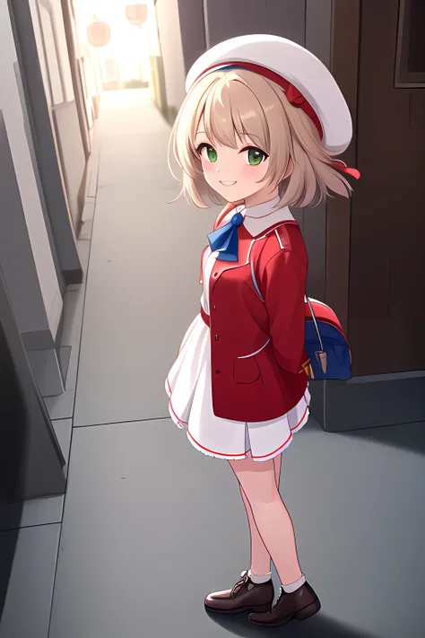 (masterpiece),(best quality),(ultra-detailed),(best illustration),(best shadow),(absurdres),(detailed background), (very aesthetic), looking at viewer, solo, 1girl, shigure ui, brown hair, short hair, green eyes, white casual outfit, red jacket, white hair...