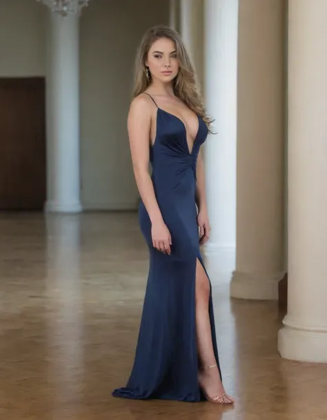 woman, 18 yo, cleavage, long dress, fullbody view, It stands sideways, at the ball in the hall