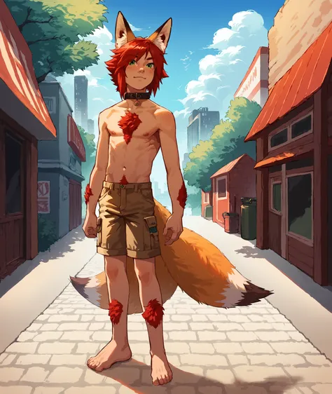 score_9, score_8up, score_7up, score_6up, score_5up, score_4up, solo, male, city, detailed background, (elphkun, young, red hair, fox ears, red chest tuft, arm tufts, leg tufts, cargo shorts:1.4),(2tails:1.3), (shirtless, big nipples:1.1), barefoot, green ...