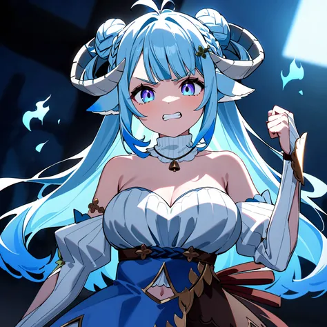 MinaiAruma, 1girl, 
long hair, blue eyes, strapless, detached sleeves, 
looking at viewer, (very angry:1), (clenched teeth:0.7), (raised fist:1), standing, upper body, (floating hair:1.2), cinematic_angle, three-quarter view, dutch angle, 
(blue fire dark ...