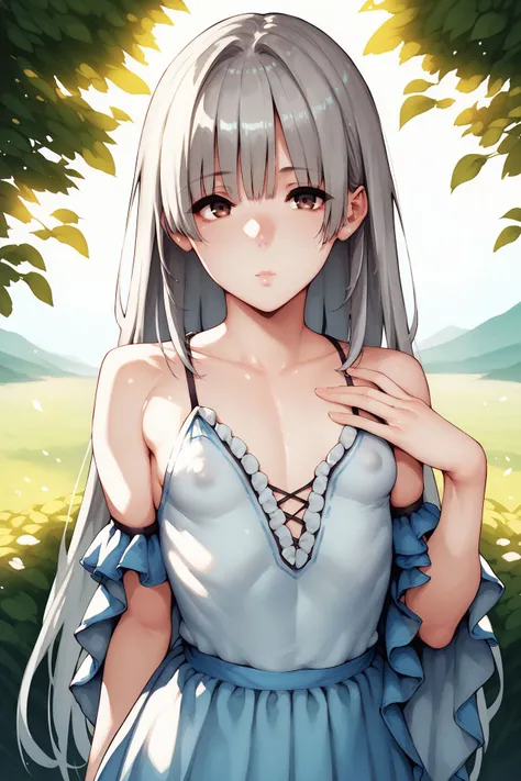 score_9, score_8_up, score_7_up, 1girl, dizzy, looking at viewer, hands_on_own_chest, grey hair, fringed_bangs, long_bangs, brown eyes, small breasts, light blue clothes, covered nipples,  outdoors, panorama, dim light <lora:napata_PonyXL_style_v01:1>