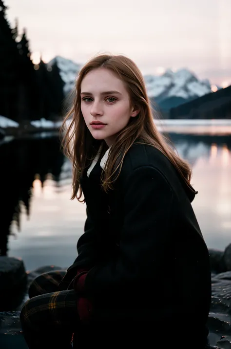 tv_Daria_MXAI, ,  , sad expression, wearing a winter coat, wearing winter pants, wearing winter boots, sitting on a rock by a frozen mountain lake, midnight, moonlight, shot from the side,, 8k resolution, highres, high detail, sharp focus, detailed skin,  ...