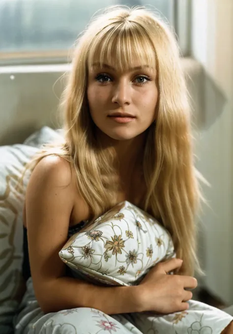 cinematic photo Extreme close-up, Virginiaee323 with messy straight blonde hair, bangs, is sitting in bed holding her pillow, in the early morning, tired, smiling, natural light, realistic . 35mm photograph, film, bokeh, professional, 4k, highly detailed, ...