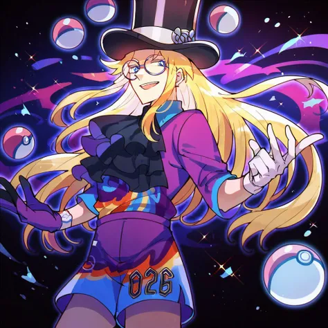 score_9,score_8_up,score_7_up,score_6_up,score_5_up,score_4_up, 1boy, male focus, blonde hair, long hair, blue eyes, top hat, glasses, black headwear, black ascot, purple shirt, gloves, shorts, pokeball, pokeball (basic), floating object, smile, open mouth