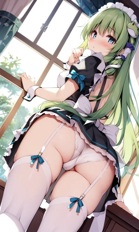 1girl, sensitive, kochiya sanae, solo, long hair, looking at viewer, blush, blue eyes, hair ornament, dress, thighhighs, underwear, panties, ass, thighs, green hair, alternate costume, indoors, looking back, white thighhighs, white panties, wrist cuffs, ma...