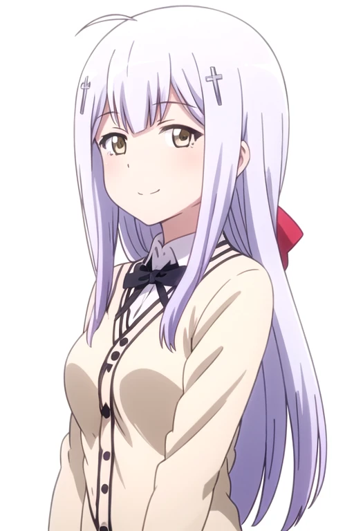 solo, 1girl, looking at viewer, 2D, anime, anime coloring, upper body, (simple background, solid white background:1.3), <lora:raphi-gabdro:0.8>, raphiel shiraha ainsworth, school uniform, cardigan, smile