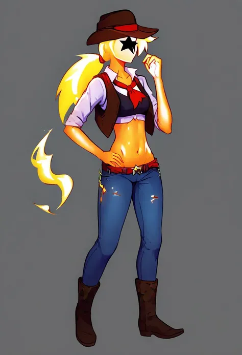 Novakin, 1girl, solo, star symbol on face, faceless, no eyes, no mouth, no nose, no facial features, orange fiery hair, long fiery hair, body made of plasma, orange plasma, orange skin, cowboy hat, black vest, white shirt, jeans, navel, midriff, standing, ...