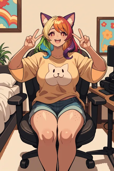  yanyan, 1girl, mature female, rainbow hair, double v, smile, open mouth, extremely happy, freckles, tail, cat ears, oversized shirt, shorts, bed room, gaming chair, <lora:Yanyannonoz:1>