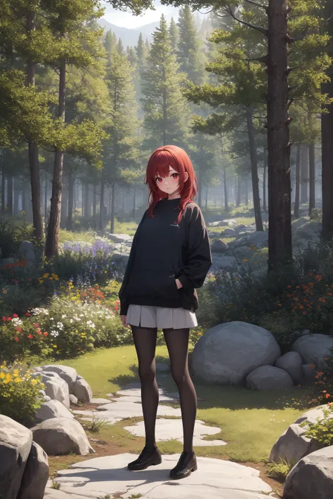 masterpiece, best quality, highres,
1girl, solo
red hair, red eyes, tsurime, looking at viewer, 
black sweater, long sleeves,
outdoors, nature, forest, plants, green grass, summer, flowers, rocks, standing
<lora:NoiseOffset:1>