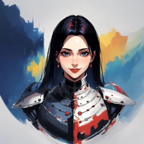 abstract portrait of a knight woman with long black hair, smile, high quality, masterpiece, cinematic, rough painterly texture