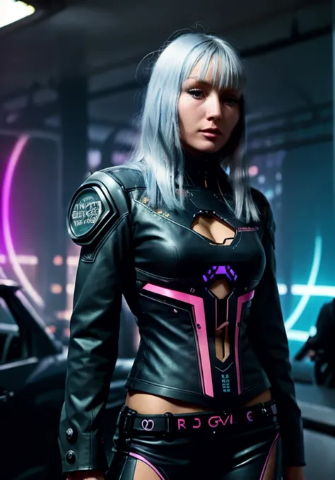 Virginiaee323 woman of the future, straight blonde hair, bangs, futuristic design, electronic artwork, manga character, techno-noir, animated drawing, vintage futurism, pan futurism, dystopian cyberpunk, neon-lit urban landscape, dark and gritty, high-tech...