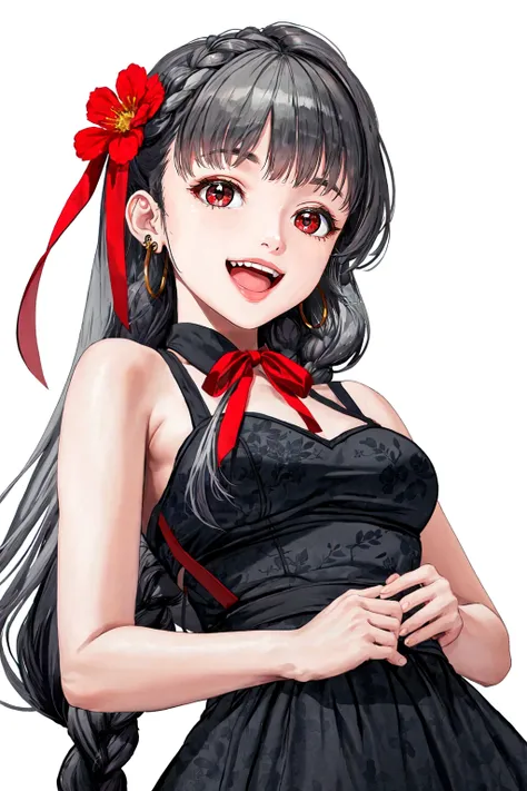 masterpiece, best quality, official art, nikkeearth_style, white background, medium breasts, flower, braid, floral print, red eyes, open mouth, simple background, bare shoulders, looking at viewer, sleeveless, black dress, id card, solo, dress, smile, grey...