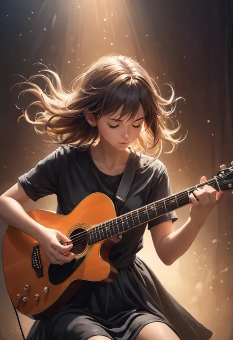 A musician tuning a guitar, the vibrations from the strings diffusing through the air, girl, guitar