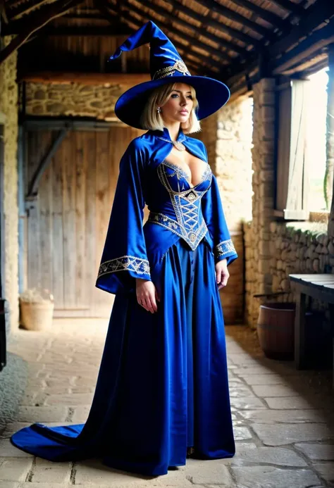 28yo Mediterranean Wizard woman, (very thin with large breasts) and (short cropped blonde hair) (wearing ornate blue wizard robes and hat). Standing in a dim barn. 35mm photograph, 4k stock photo