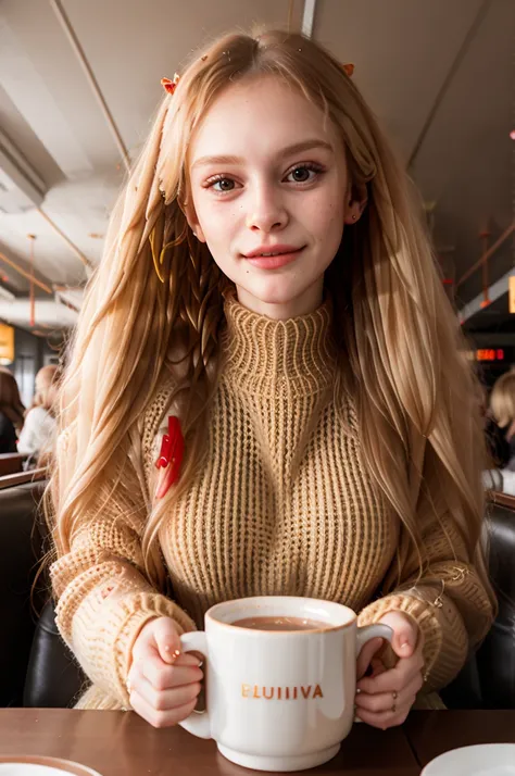 tv_Daria2_MXAI, ,  , wearing a cozy knitted sweater, sitting in a café, holding a steaming mug with both hands, happy expression,, 8k resolution, highres, high detail, sharp focus, detailed skin,  8k uhd, bokeh, analog photography